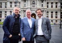 Reykjavik Mayor, Dagur B. Eggertsson and Philadelphia Mayor Jim Kenney share a moment with Birkir Hólm Guðnason, Icelandair CEO in front of City Hall, celebrating inaugural Icelandair flight between their two cities.