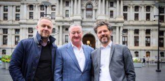 Reykjavik Mayor, Dagur B. Eggertsson and Philadelphia Mayor Jim Kenney share a moment with Birkir Hólm Guðnason, Icelandair CEO in front of City Hall, celebrating inaugural Icelandair flight between their two cities.