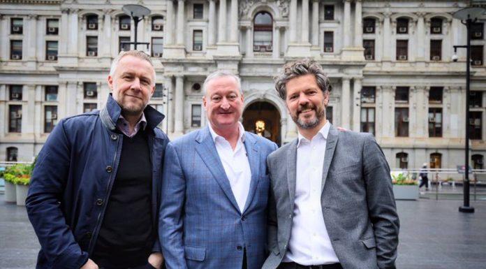 Reykjavik Mayor, Dagur B. Eggertsson and Philadelphia Mayor Jim Kenney share a moment with Birkir Hólm Guðnason, Icelandair CEO in front of City Hall, celebrating inaugural Icelandair flight between their two cities.