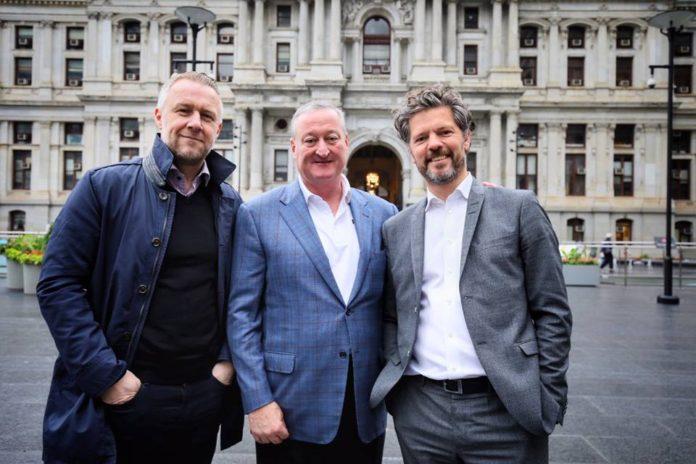 Reykjavik Mayor, Dagur B. Eggertsson and Philadelphia Mayor Jim Kenney share a moment with Birkir Hólm Guðnason, Icelandair CEO in front of City Hall, celebrating inaugural Icelandair flight between their two cities.