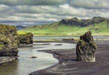 The black sand beach with typical Icelandic mountain landscapes