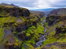 Thorsmork mountains canyon and river