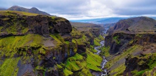 Thorsmork mountains canyon and river