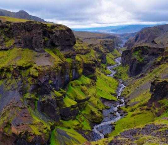 Thorsmork mountains canyon and river